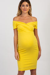 Yellow Solid Off Shoulder Maternity Fitted Dress