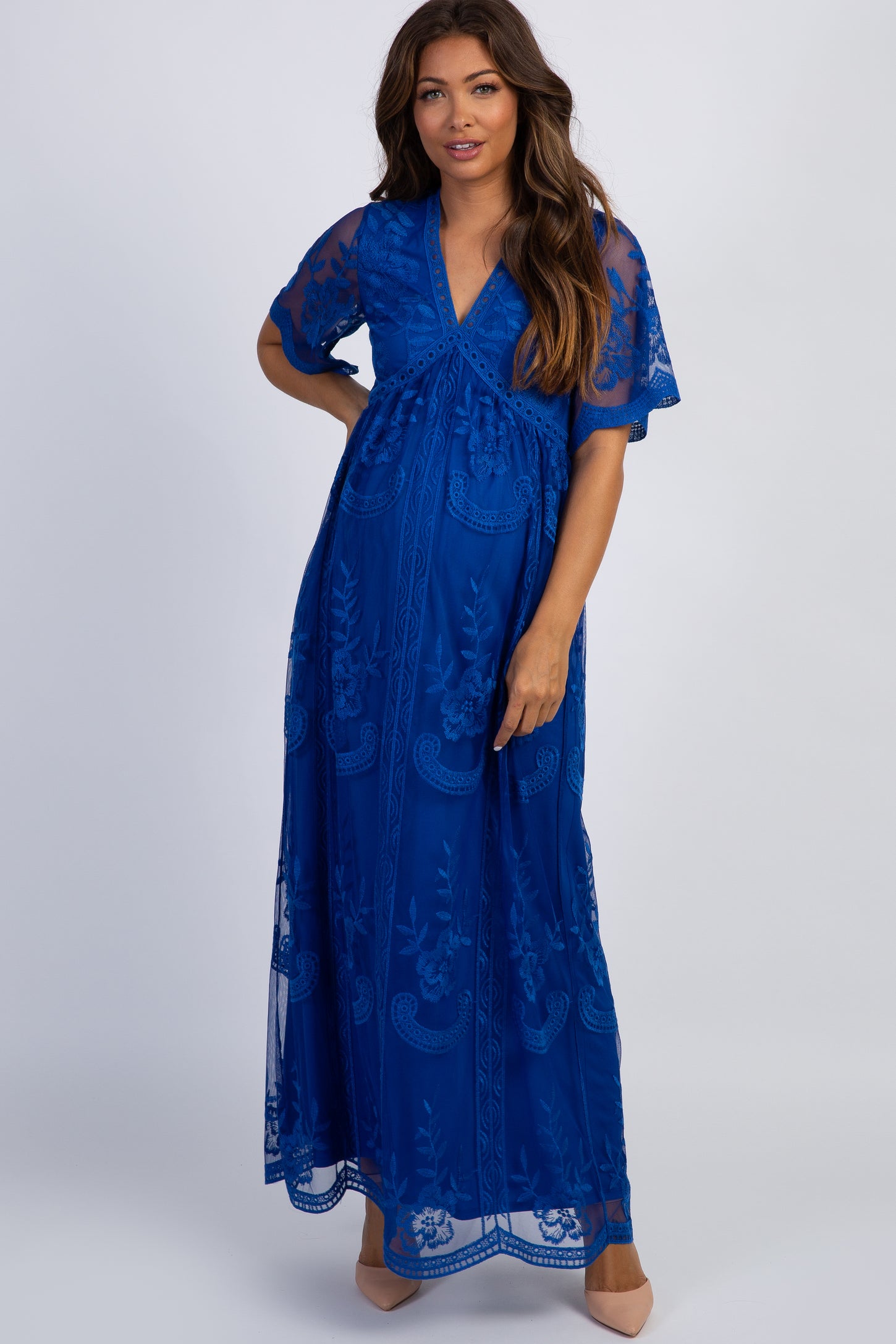 Royal Blue Lace Mesh Overlay Maternity Maxi Dress– PinkBlush