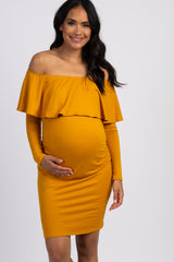 PinkBlush Mustard Yellow Ruffle Trim Off Shoulder Fitted Maternity Dress