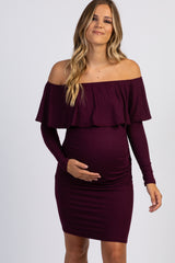PinkBlush Purple Ruffle Trim Off Shoulder Fitted Maternity Dress