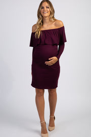 PinkBlush Purple Ruffle Trim Off Shoulder Fitted Maternity Dress