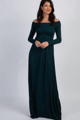 PinkBlush Forest Green Solid Off Shoulder Maternity Maxi Dress