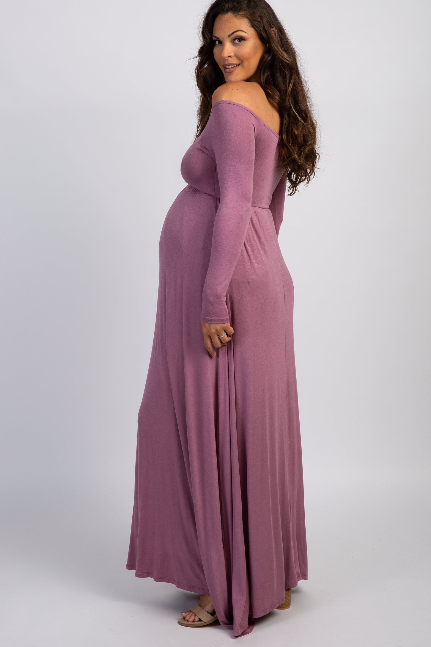 PinkBlush Mauve Solid Off Shoulder Maternity Maxi Dress