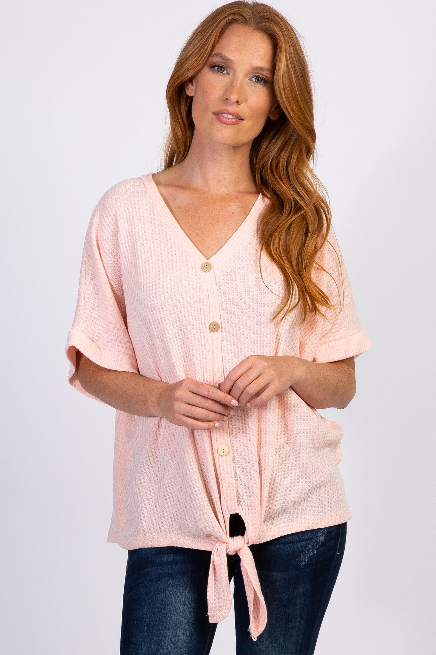PinkBlush Light Pink Waffle Knit Button Tie Top