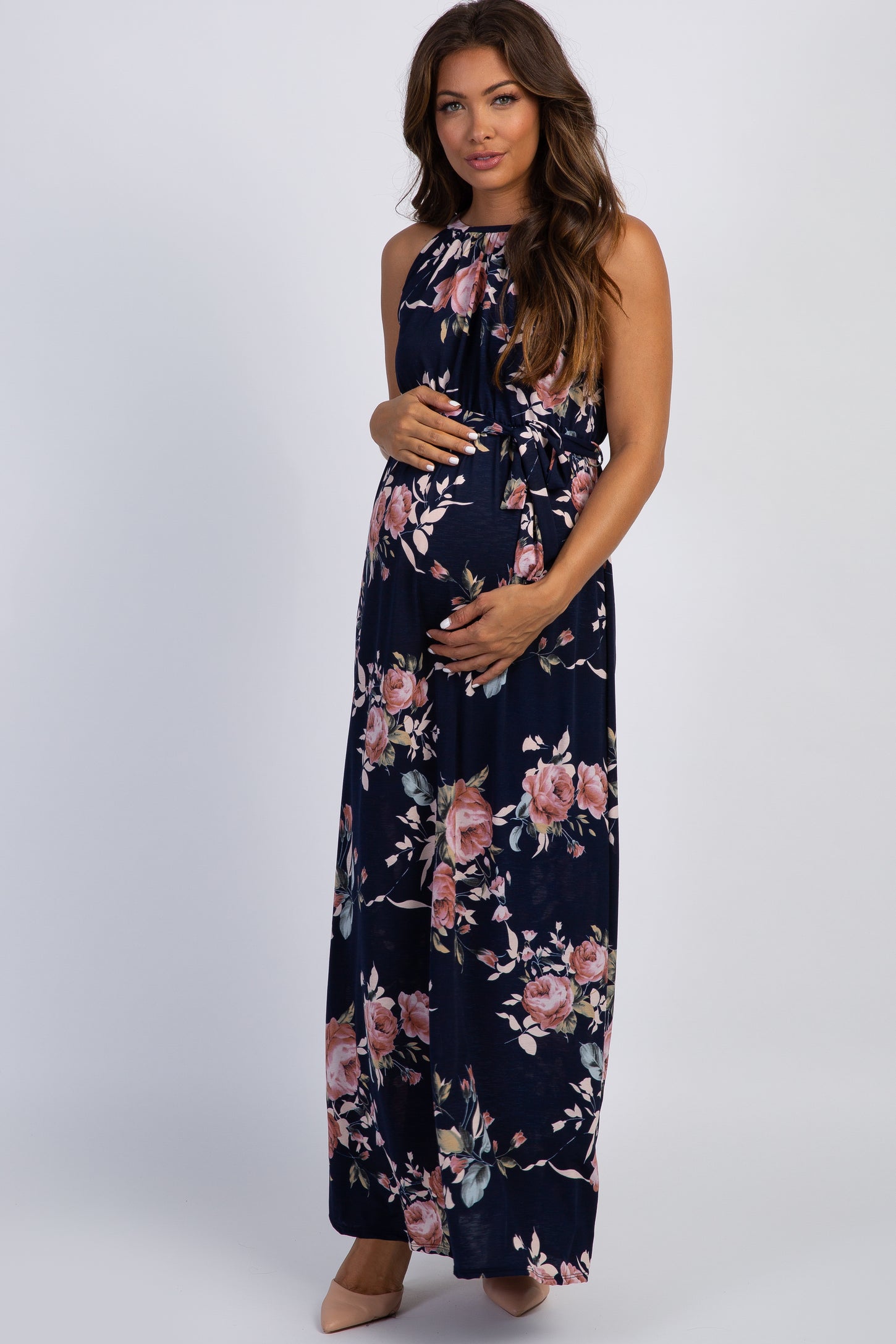 Navy Floral Halter Neckline Maternity Maxi Dress