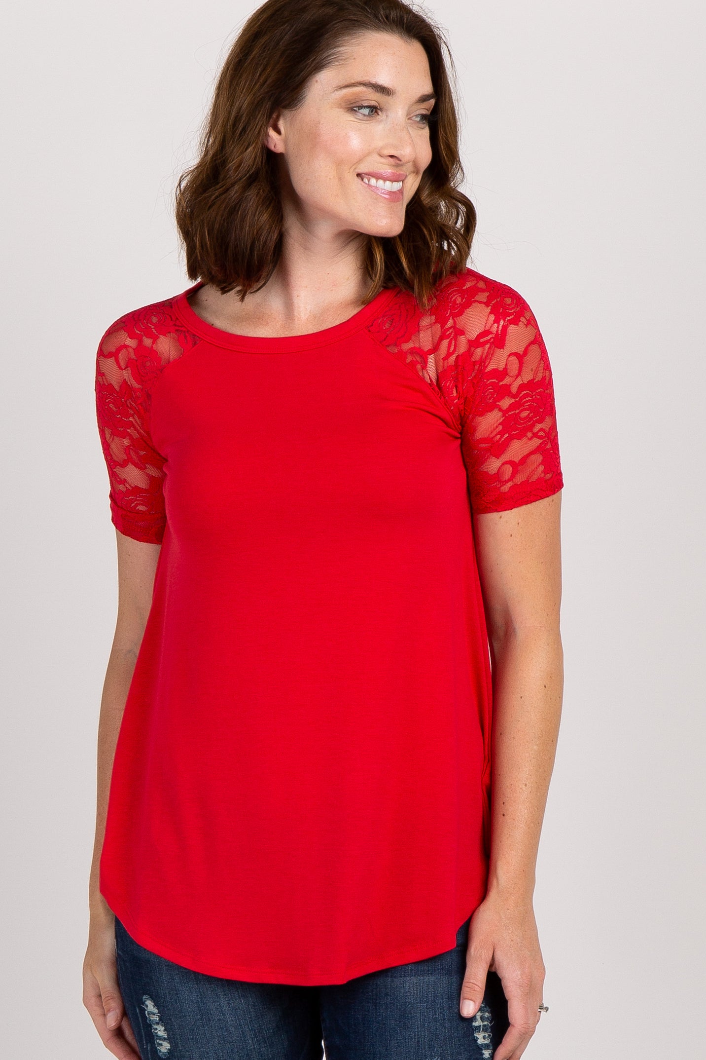 Red Lace Short Sleeve Maternity Top