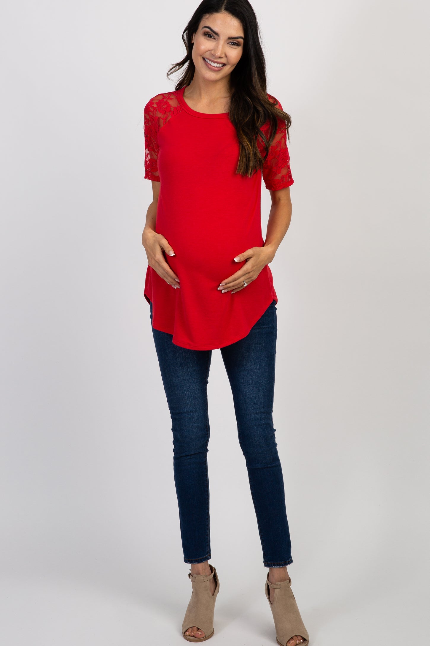 Red Lace Short Sleeve Maternity Top