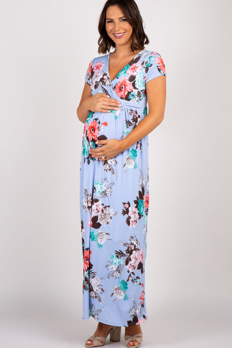 PinkBlush Light Blue Floral Draped Wrap Front Maternity Maxi Dress