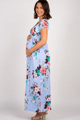 PinkBlush Light Blue Floral Draped Wrap Front Maternity Maxi Dress