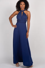 Navy Solid Pleated Convertible Maxi Dress