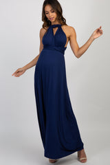 Navy Solid Pleated Convertible Maternity Maxi Dress