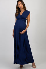 Navy Solid Pleated Convertible Maternity Maxi Dress