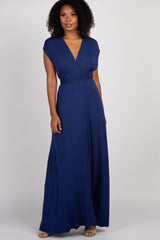 Navy Solid Pleated Convertible Maxi Dress