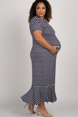 Navy Striped Ruffle Hem Plus Maternity Maxi Dress