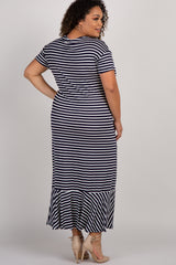 Navy Striped Ruffle Hem Plus Maternity Maxi Dress