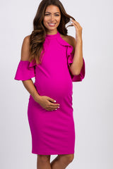 PinkBlush Fuchsia Mock Neck Ruffle Trim Fitted Maternity Dress