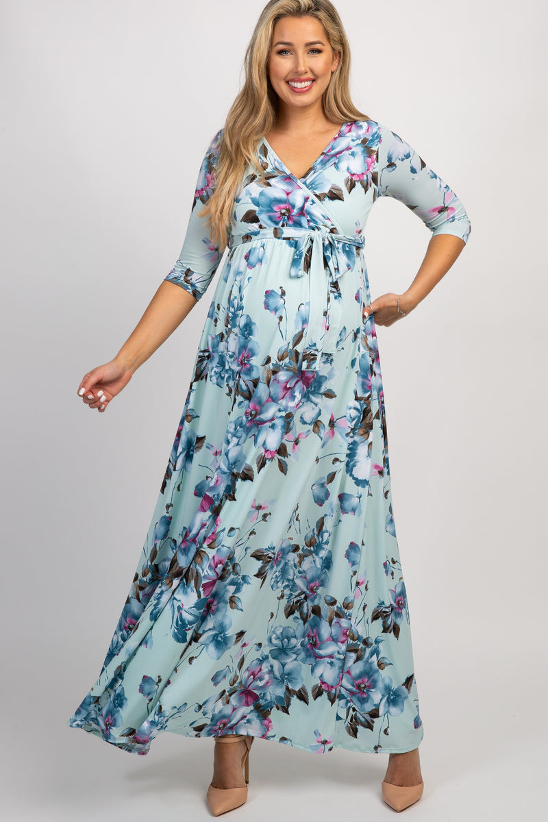 Mint Abstract Floral Sash Tie Maternity/Nursing Maxi Dress – PinkBlush