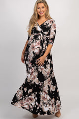 Black Abstract Floral Sash Tie Maternity/Nursing Maxi Dress