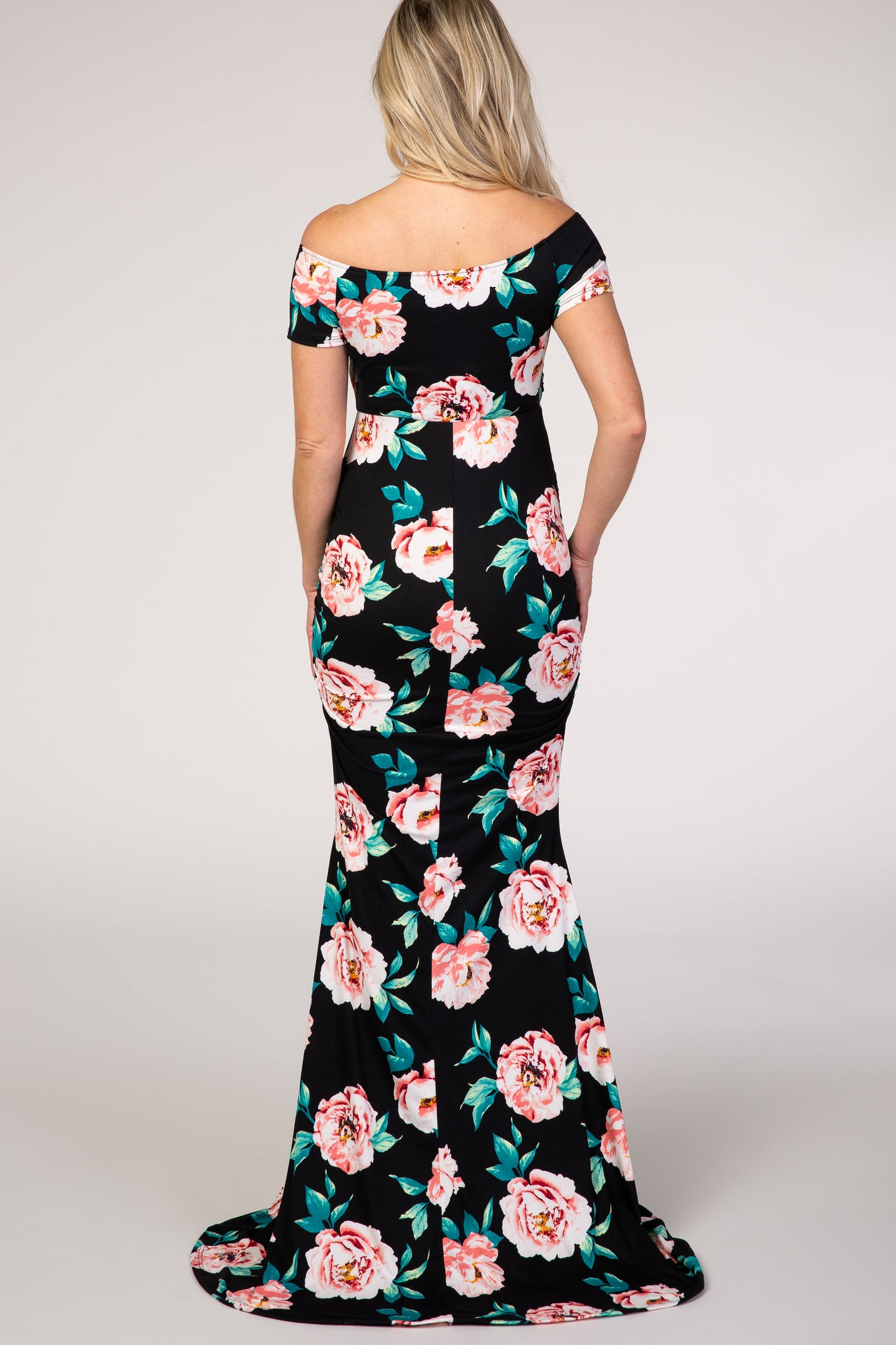 PinkBlush Black Floral Off Shoulder Wrap Maternity Photoshoot Gown/Dress
