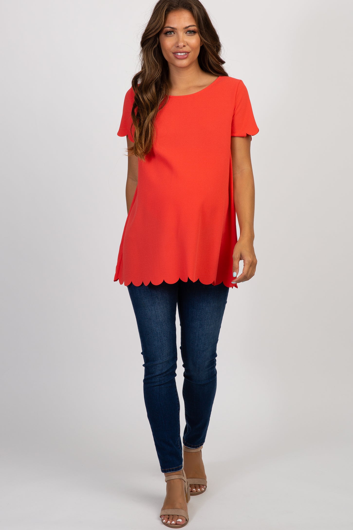 PinkBlush Coral Solid Scalloped Hem Maternity Top