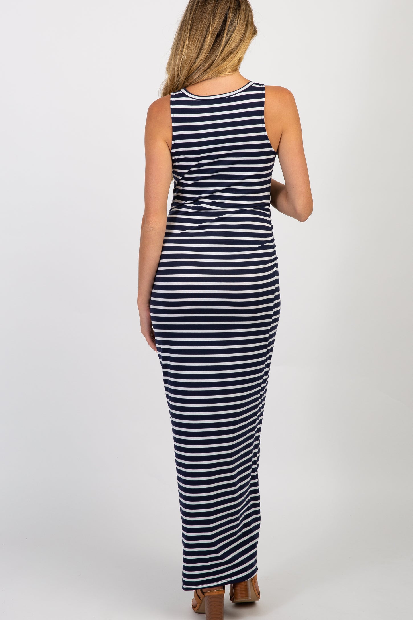 PinkBlush Navy Blue Striped Sleeveless Fitted Maternity Maxi Dress