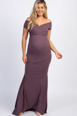 Plum Off Shoulder Wrap Maternity Photoshoot Gown/Dress