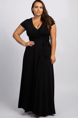 Black Solid Short Sleeve Plus Maternity/Nursing Maxi Dress