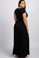 Black Solid Short Sleeve Plus Nursing Wrap Maxi Dress