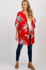 Red Floral Ruffle Sleeve Maternity Cover Up