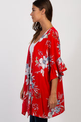 Red Floral Ruffle Sleeve Cover Up