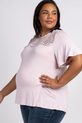 Light Pink Scalloped Lace Yoke Bell Sleeve Plus Maternity Top
