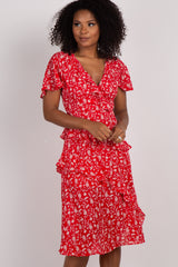 Red Paisley Ruffle Wrap Midi Dress