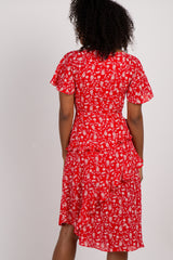 Red Paisley Ruffle Wrap Midi Dress