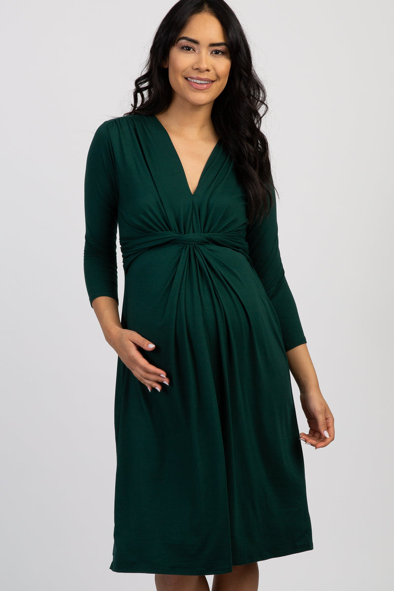 Forest Green Twist Front 3/4 Sleeve Maternity Dress– PinkBlush