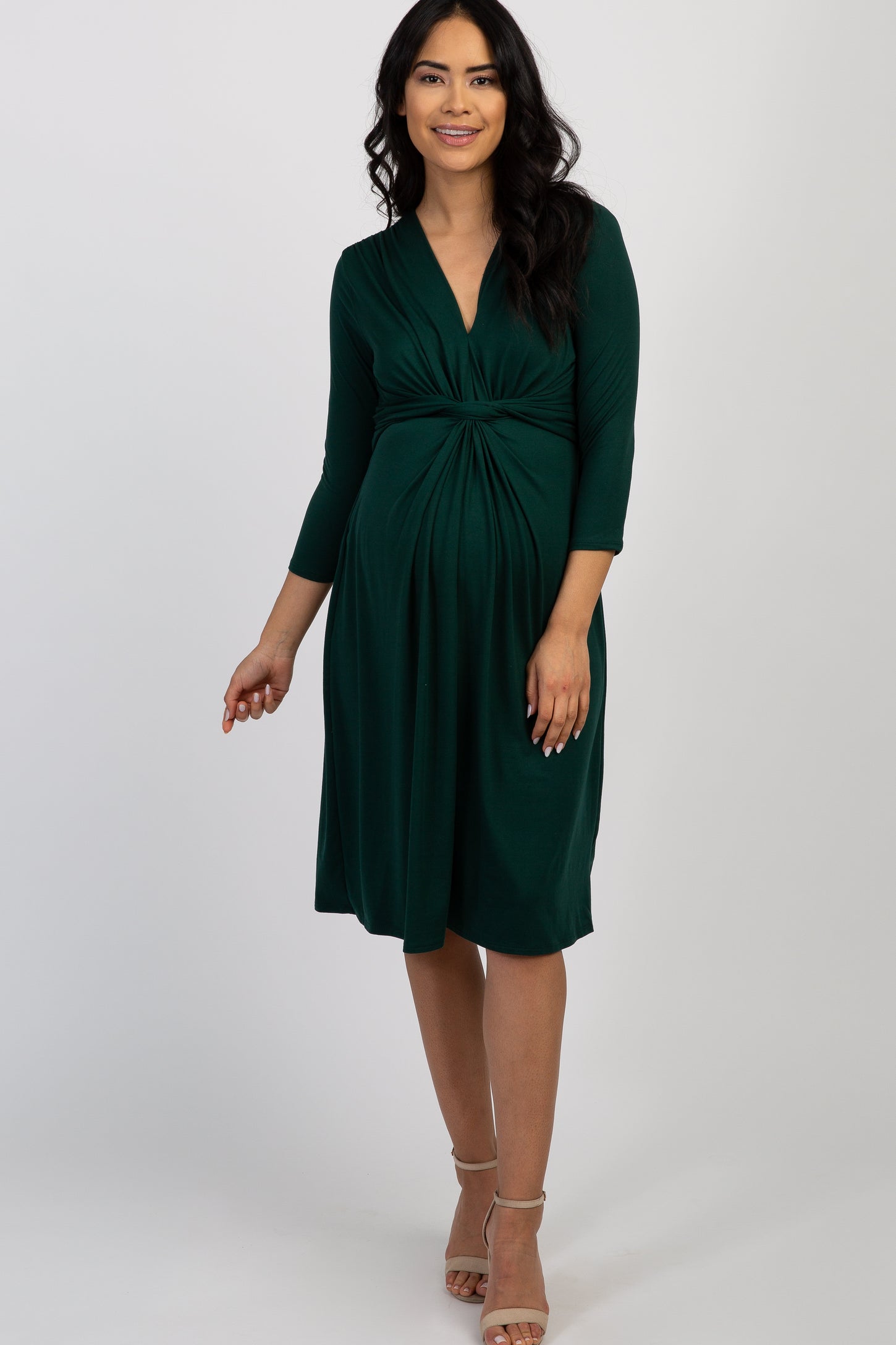 Forest Green Twist Front 3/4 Sleeve Maternity Dress– PinkBlush