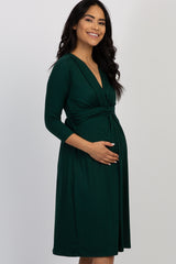 Forest Green Twist Front 3/4 Sleeve Maternity Dress