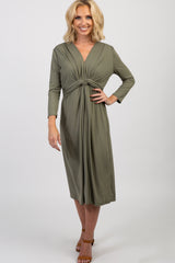 Light Olive Twist Front 3/4 Sleeve Maternity Dress