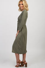 Light Olive Twist Front 3/4 Sleeve Dress