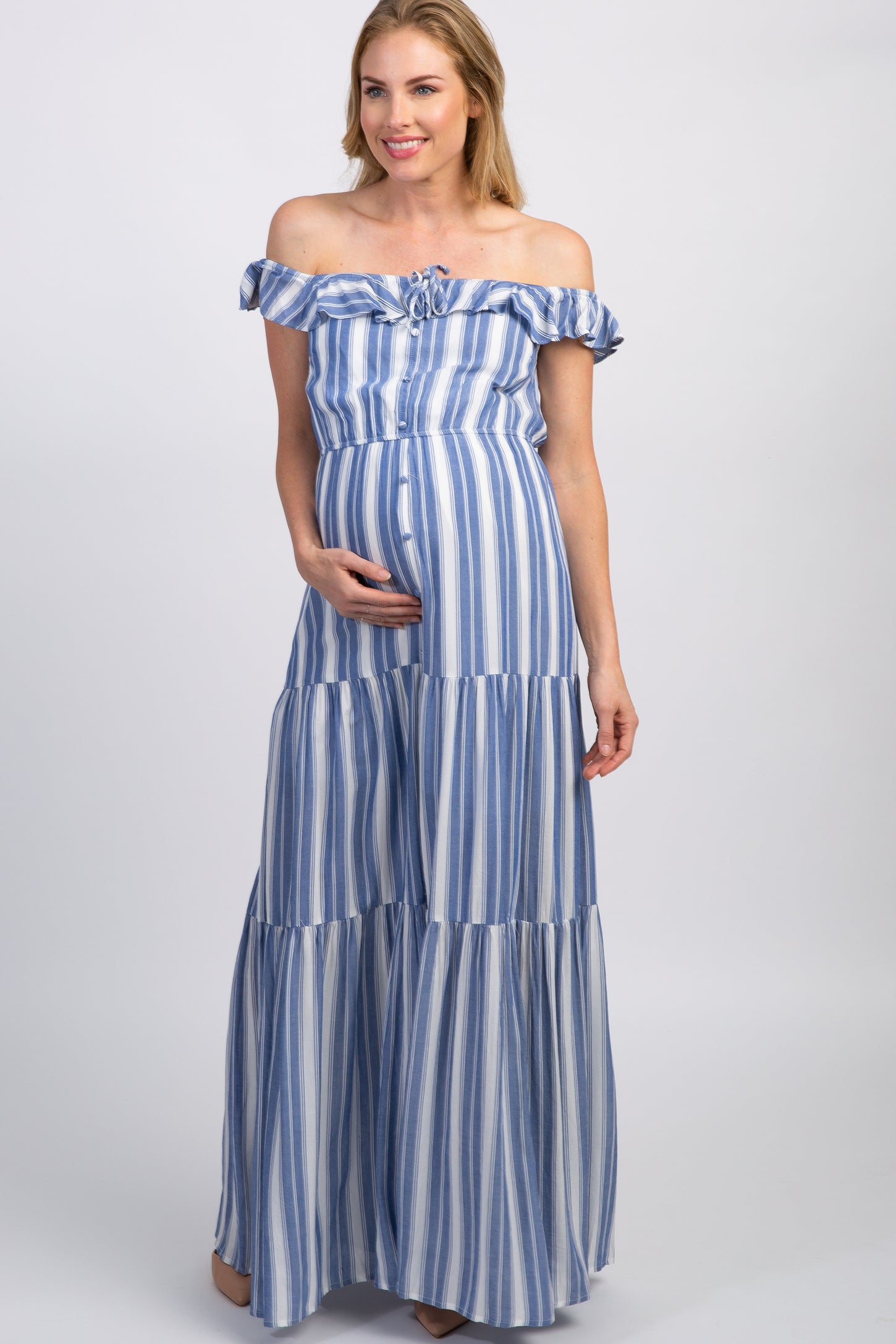 Blue Striped Off Shoulder Maternity Maxi Dress