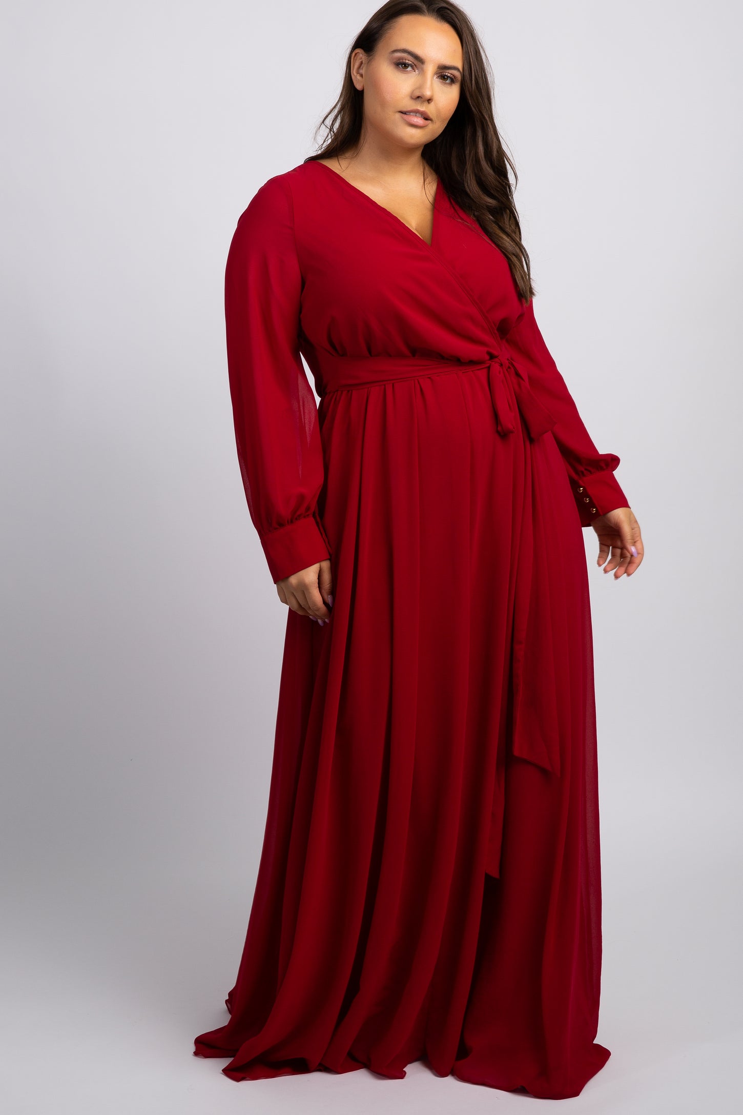 Burgundy Chiffon Long Sleeve Plus Maternity Maxi Dress– PinkBlush