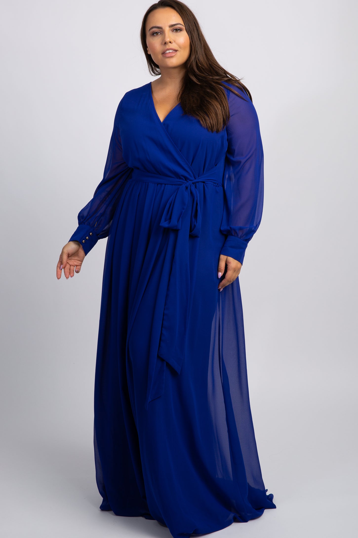 Royal Blue Chiffon Long Sleeve Pleated Plus Maxi Dress