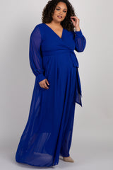Royal Blue Chiffon Long Sleeve Pleated Plus Maternity Maxi Dress