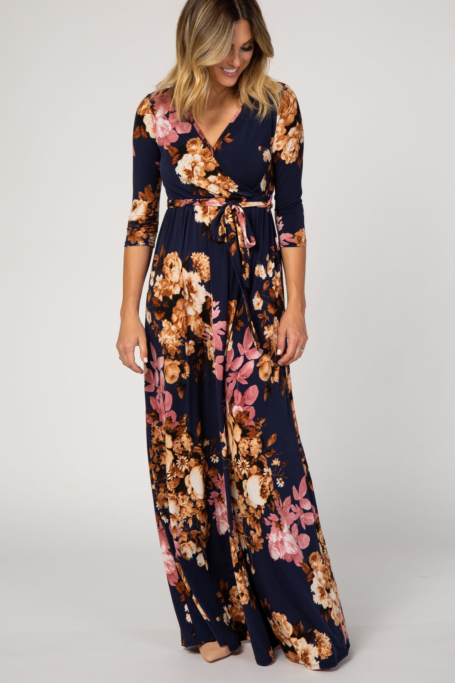 Navy Floral Wrap VNeck Maternity Maxi Dress PinkBlush