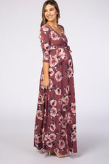 PinkBlush Mauve Abstract Floral Sash Tie Maternity/Nursing Maxi Dress
