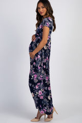 PinkBlush Navy Blue Floral Draped Front Maternity Maxi Dress