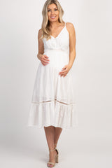 White V-Neck Front Button Eyelet Maternity Midi Dress
