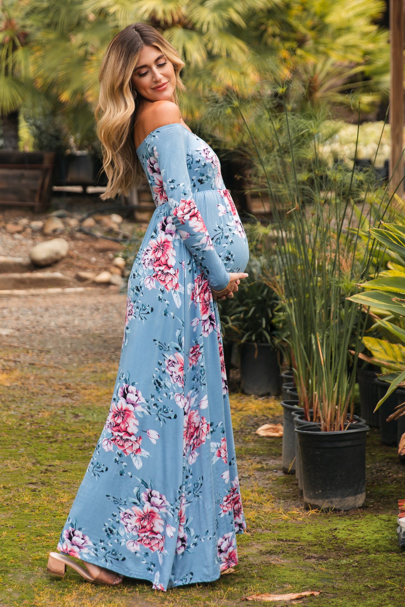 PinkBlush Light Blue Floral Off Shoulder Maternity Maxi Dress PinkBlush Light Blue Floral Off Shoulder Maternity Maxi Dress