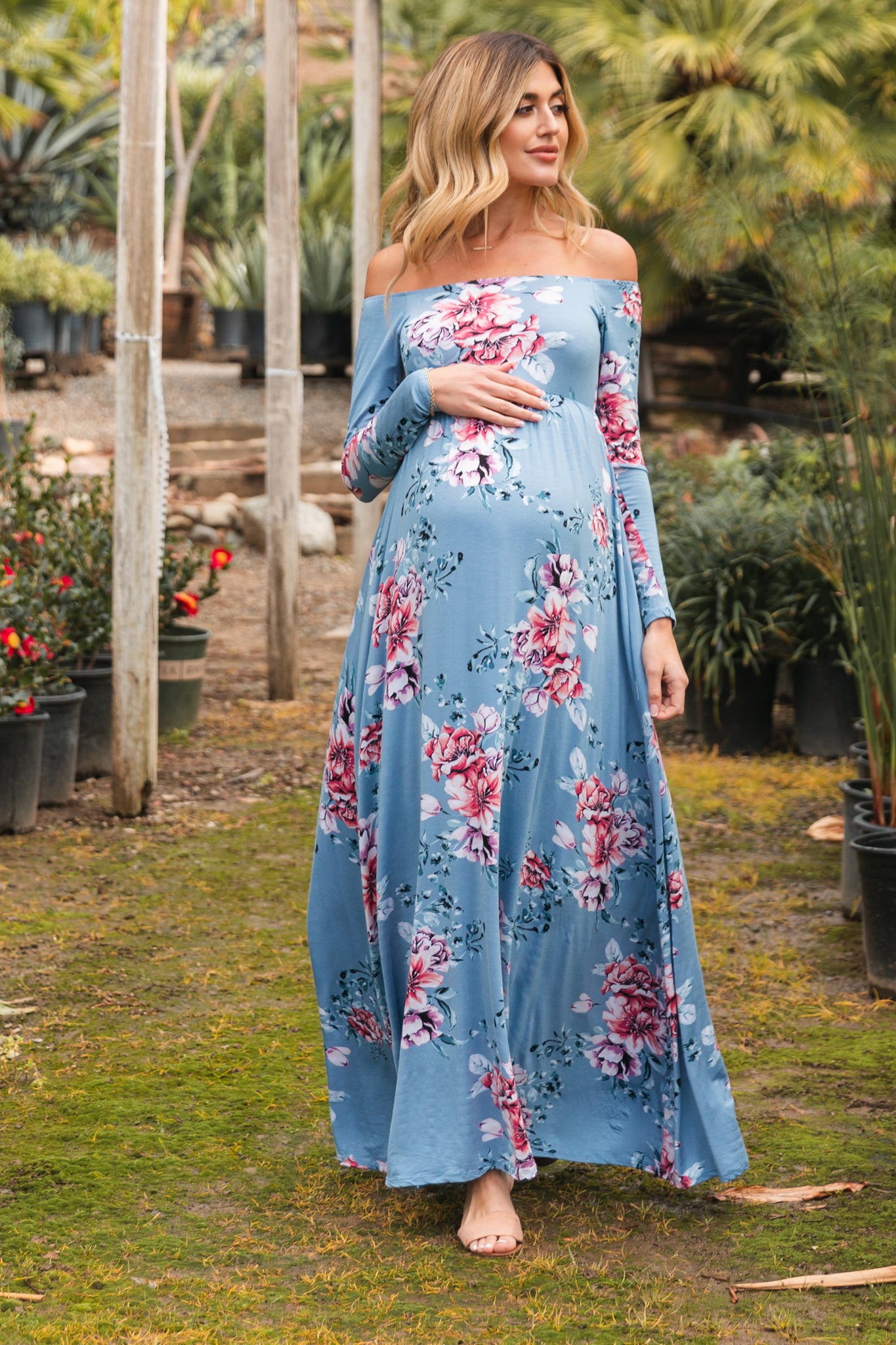 PinkBlush Light Blue Floral Off Shoulder Maternity Maxi Dress PinkBlush Light Blue Floral Off Shoulder Maternity Maxi Dress