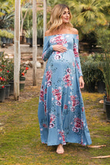 PinkBlush Light Blue Floral Off Shoulder Maternity Maxi Dress