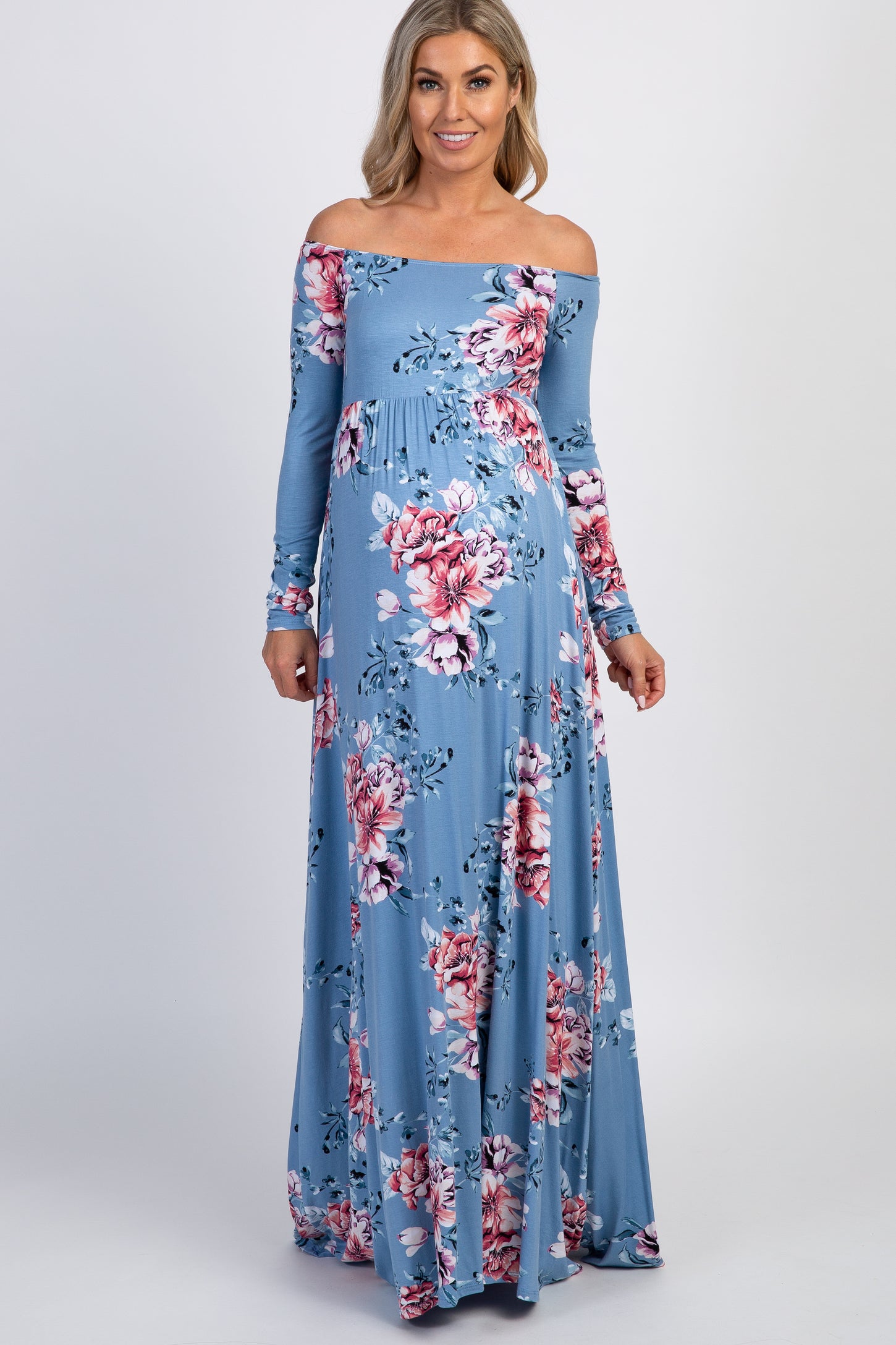 PinkBlush Light Blue Floral Off Shoulder Maternity Maxi Dress PinkBlush Light Blue Floral Off Shoulder Maternity Maxi Dress